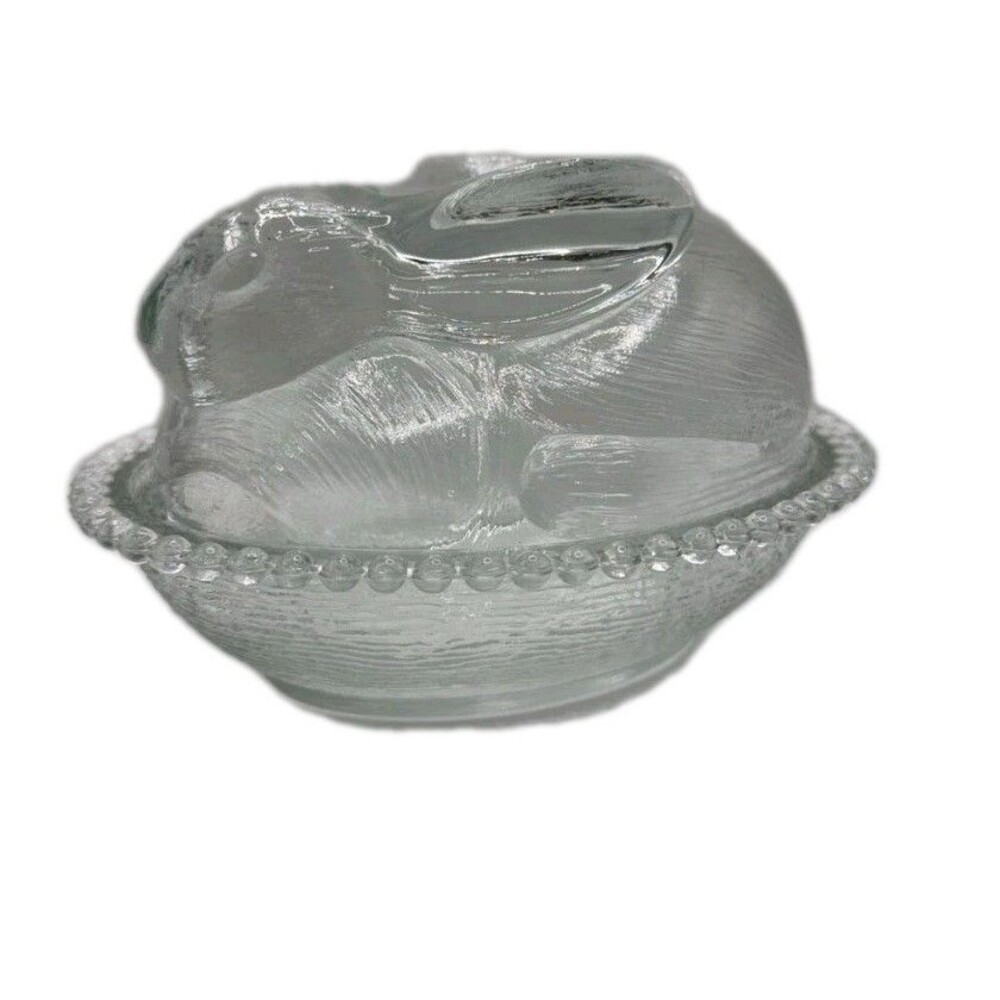 Vintage Indiana Glass Rabbit on Nest Covered Candy Dish Clear Beaded Edge